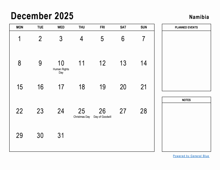 December 2025 Printable Monthly Calendar with Namibia Holidays