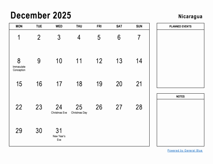 December 2025 Printable Monthly Calendar with Nicaragua Holidays