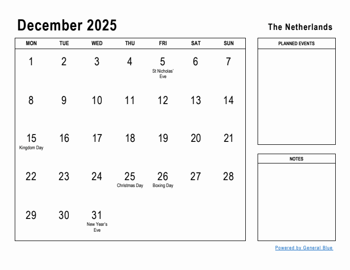 December 2025 Printable Monthly Calendar with The Netherlands Holidays