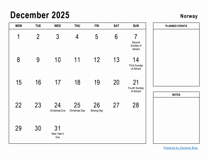 December 2025 Printable Monthly Calendar with Norway Holidays