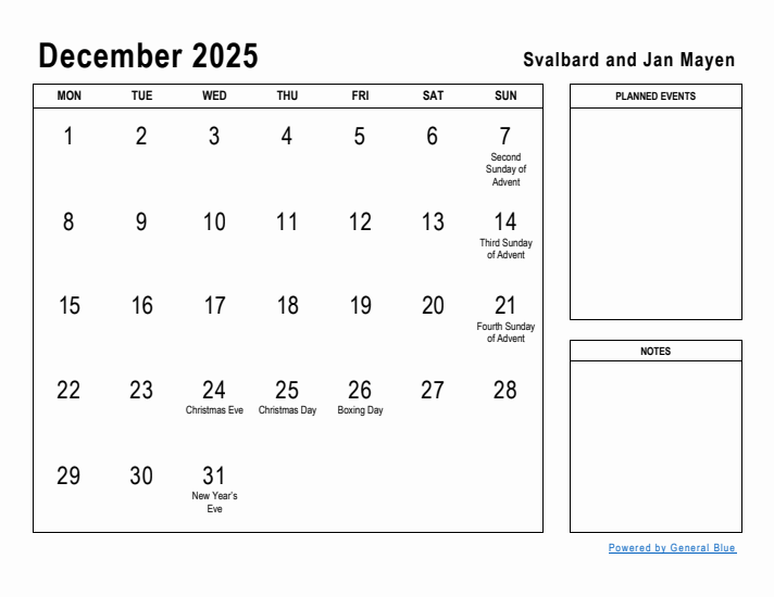 December 2025 Printable Monthly Calendar with Svalbard and Jan Mayen Holidays