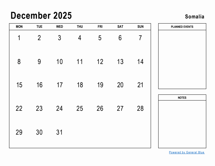 December 2025 Printable Monthly Calendar with Somalia Holidays