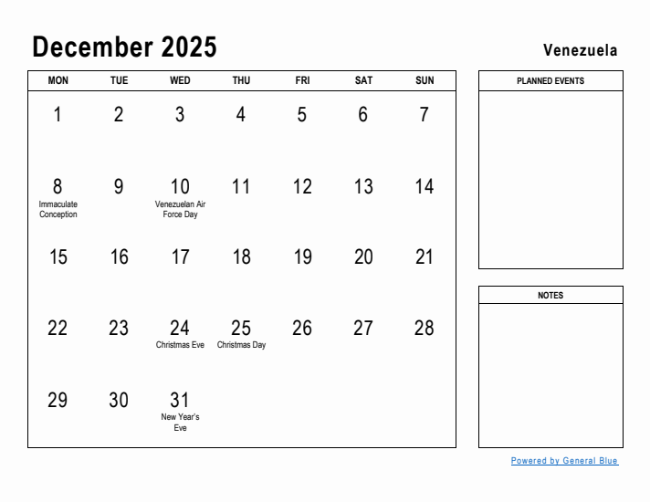 December 2025 Printable Monthly Calendar with Venezuela Holidays