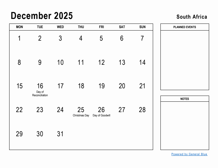 December 2025 Printable Monthly Calendar with South Africa Holidays