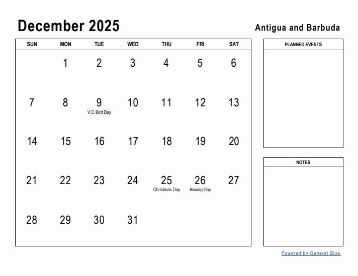 December 2025 Printable Monthly Calendar with Antigua and Barbuda Holidays