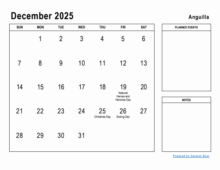 December 2025 Printable Monthly Calendar with Anguilla Holidays