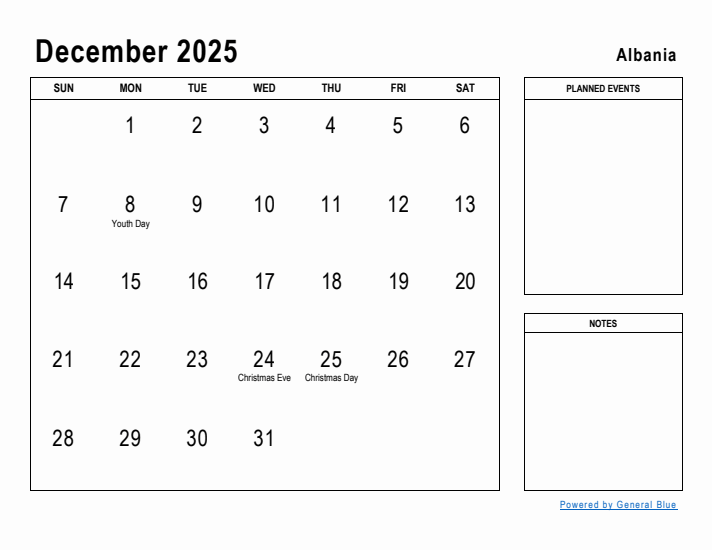 December 2025 Printable Monthly Calendar with Albania Holidays