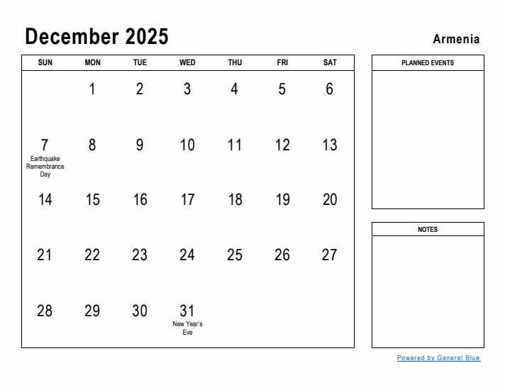 December 2025 Printable Monthly Calendar with Armenia Holidays