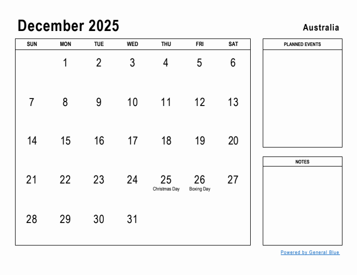 December 2025 Printable Monthly Calendar with Australia Holidays