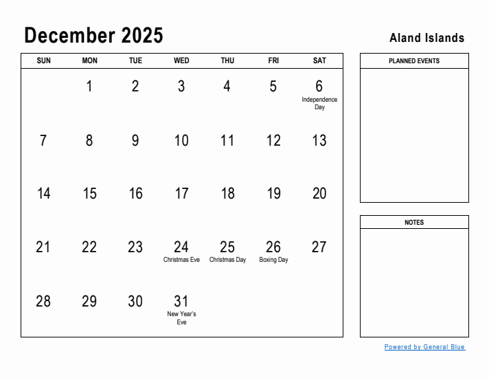 December 2025 Printable Monthly Calendar with Aland Islands Holidays