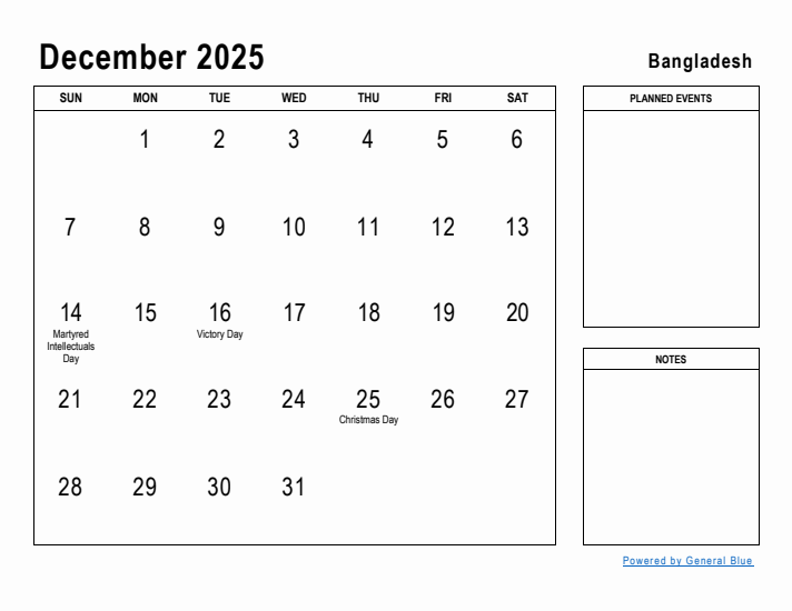 December 2025 Printable Monthly Calendar with Bangladesh Holidays