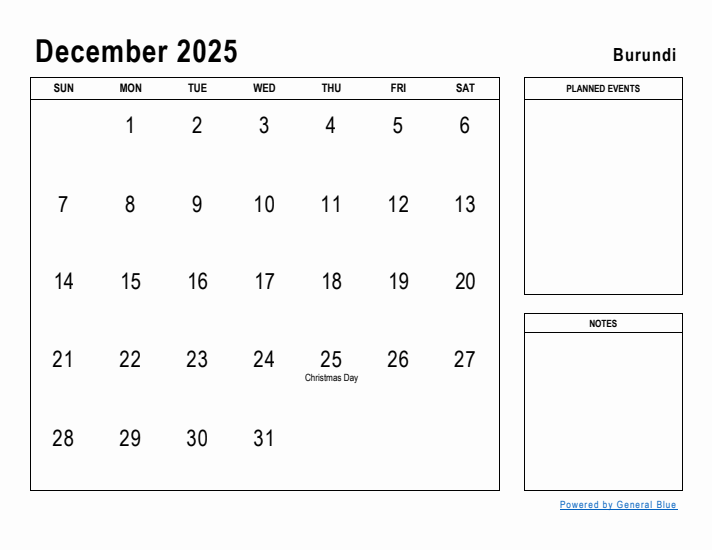 December 2025 Printable Monthly Calendar with Burundi Holidays