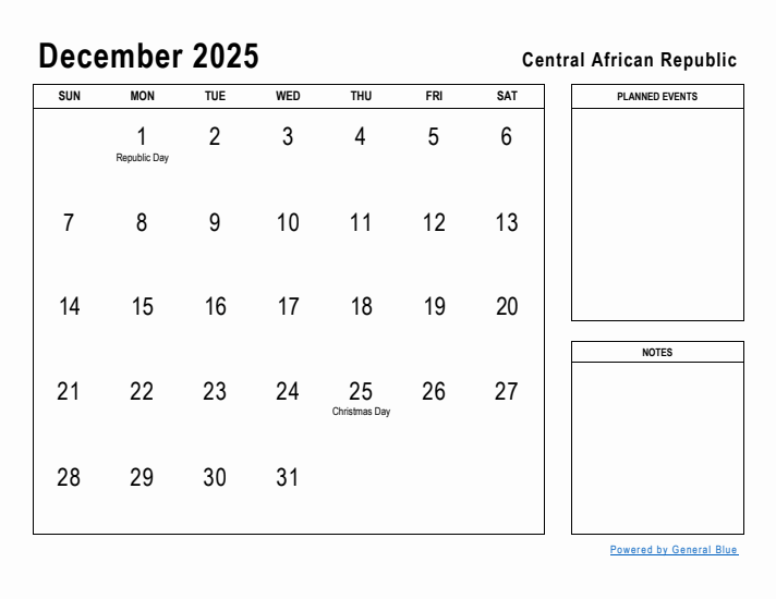 December 2025 Printable Monthly Calendar with Central African Republic Holidays