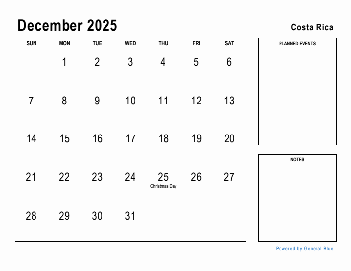 December 2025 Printable Monthly Calendar with Costa Rica Holidays