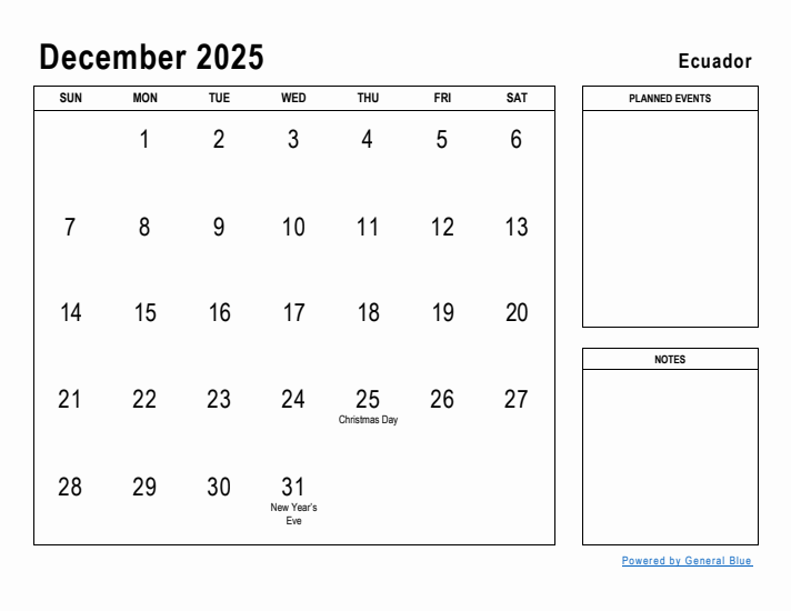 December 2025 Printable Monthly Calendar with Ecuador Holidays