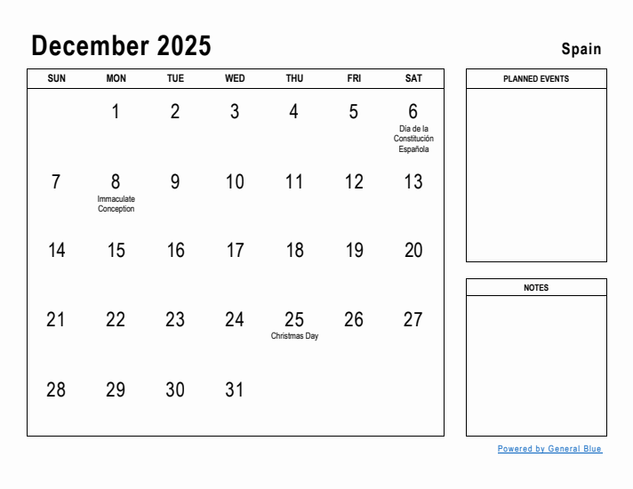 December 2025 Printable Monthly Calendar with Spain Holidays