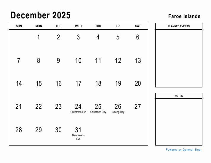 December 2025 Printable Monthly Calendar with Faroe Islands Holidays