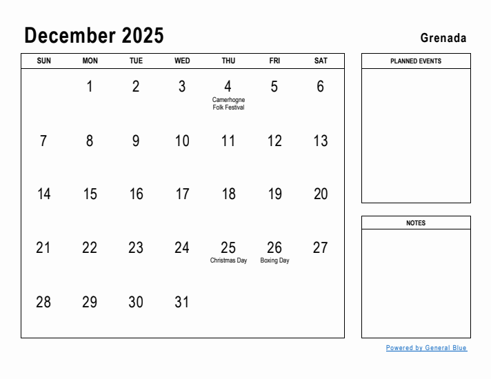 December 2025 Printable Monthly Calendar with Grenada Holidays