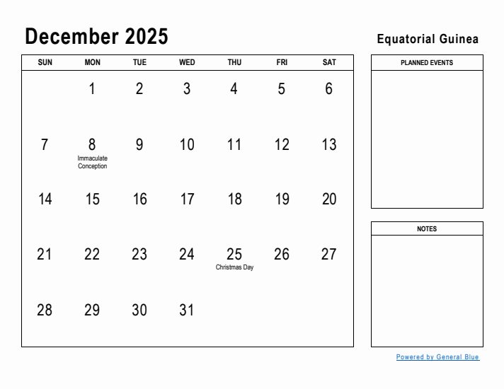 December 2025 Printable Monthly Calendar with Equatorial Guinea Holidays