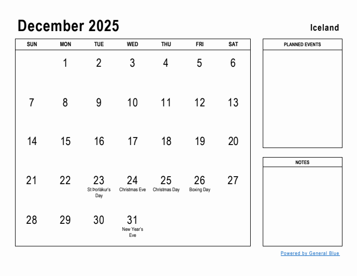 December 2025 Printable Monthly Calendar with Iceland Holidays