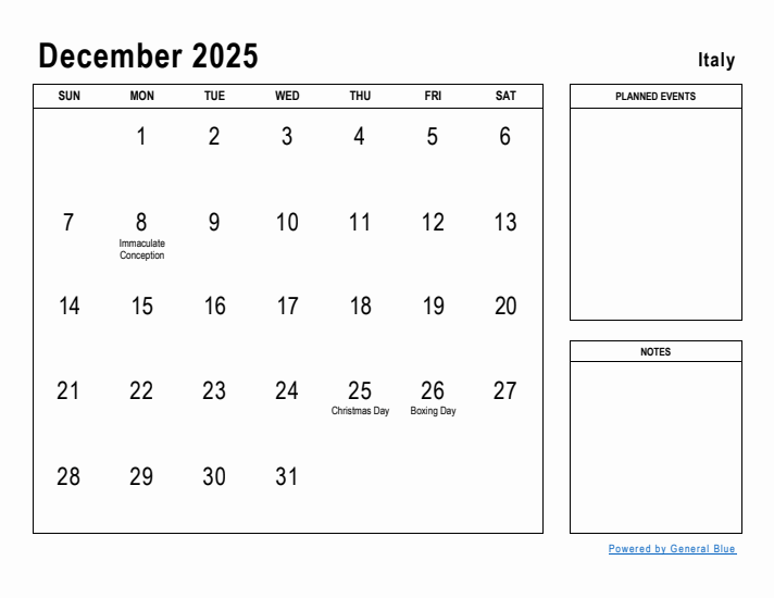 December 2025 Printable Monthly Calendar with Italy Holidays