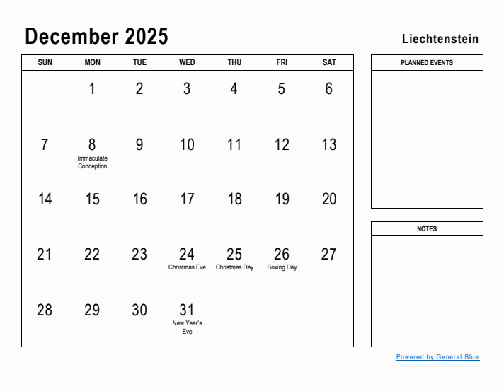 December 2025 Printable Monthly Calendar with Liechtenstein Holidays