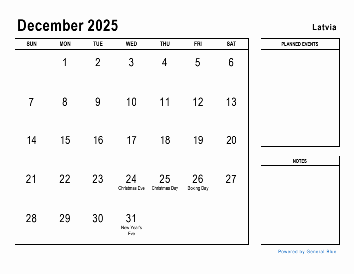 December 2025 Printable Monthly Calendar with Latvia Holidays