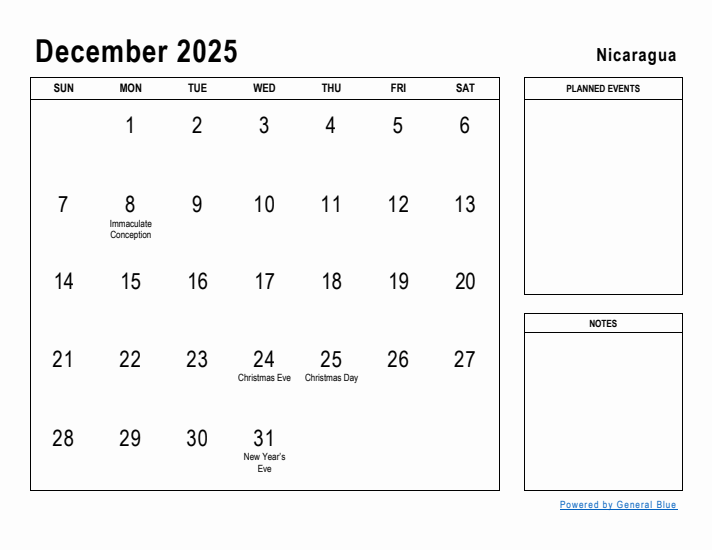 December 2025 Printable Monthly Calendar with Nicaragua Holidays