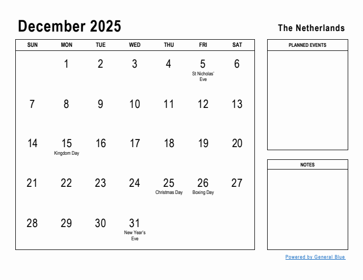 December 2025 Printable Monthly Calendar with The Netherlands Holidays