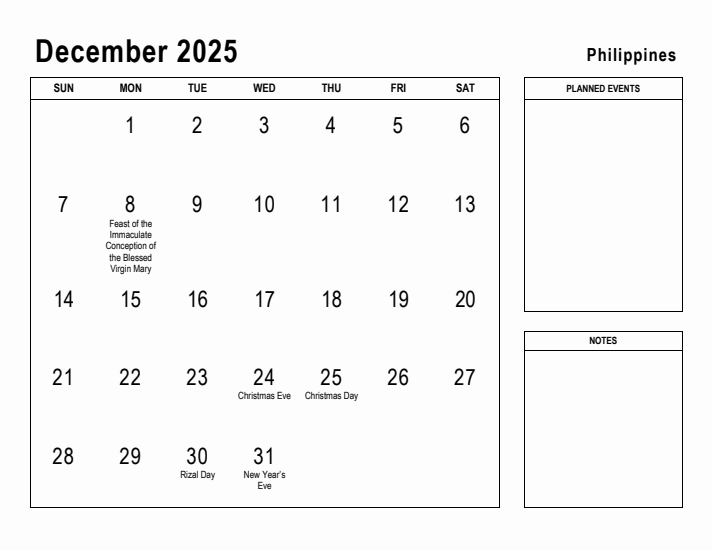 December 2025 Printable Monthly Calendar with Philippines Holidays