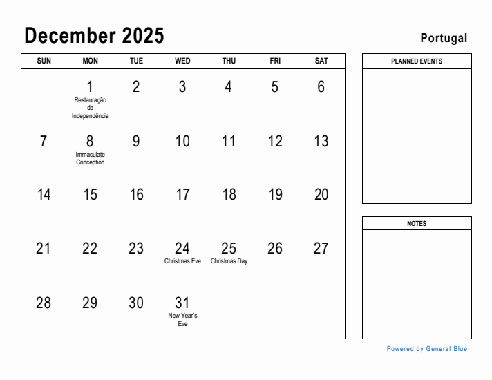 December 2025 Printable Monthly Calendar with Portugal Holidays