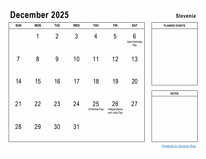 December 2025 Printable Monthly Calendar with Slovenia Holidays