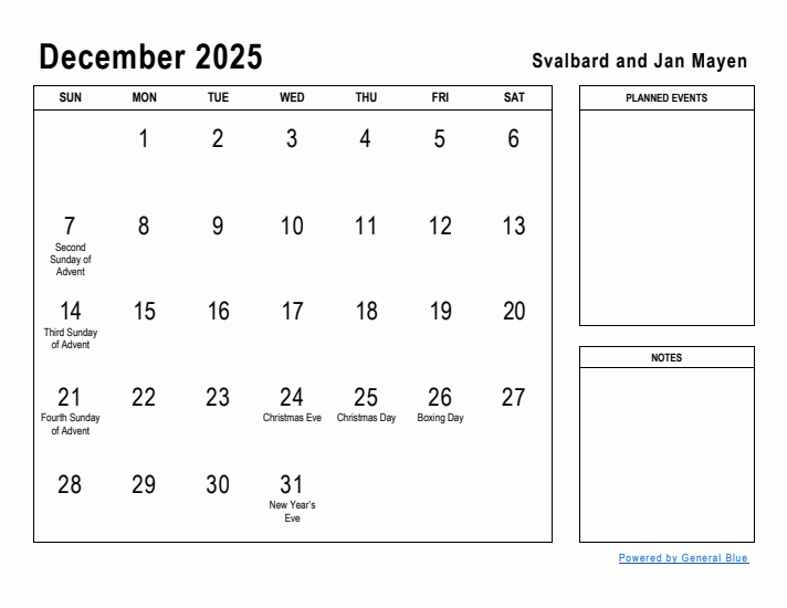 December 2025 Printable Monthly Calendar with Svalbard and Jan Mayen Holidays