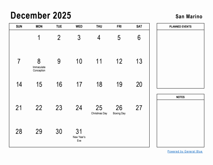 December 2025 Printable Monthly Calendar with San Marino Holidays