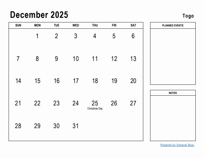 December 2025 Printable Monthly Calendar with Togo Holidays