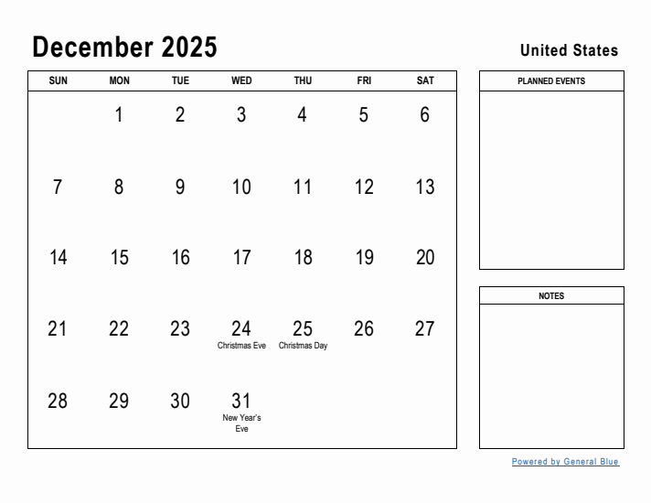 December 2025 Printable Monthly Calendar with United States Holidays