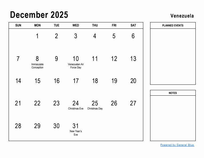 December 2025 Printable Monthly Calendar with Venezuela Holidays