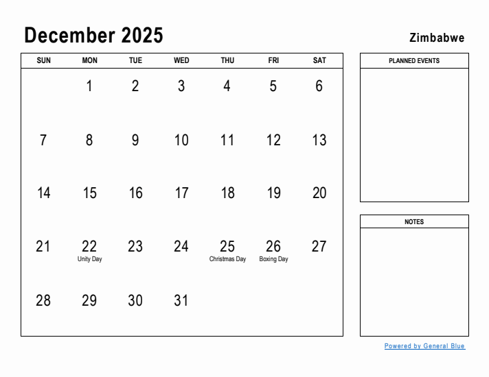 December 2025 Printable Monthly Calendar with Zimbabwe Holidays