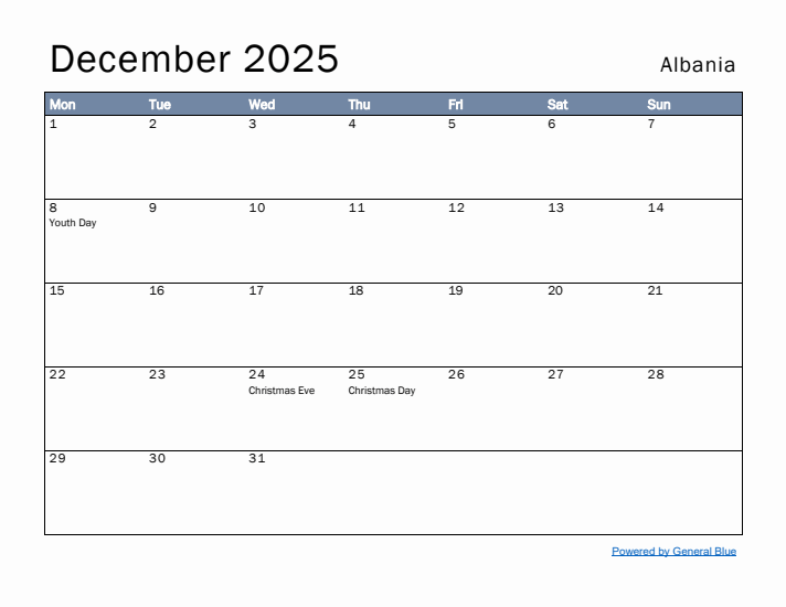 December 2025 Simple Monthly Calendar for Albania