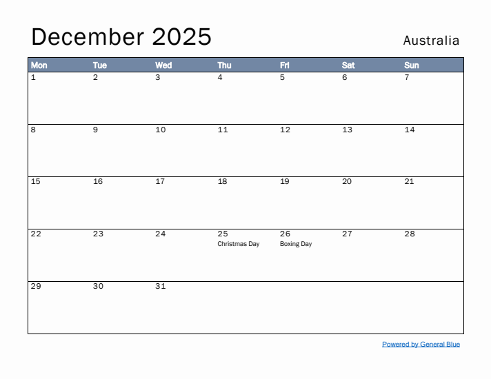 December 2025 Simple Monthly Calendar for Australia