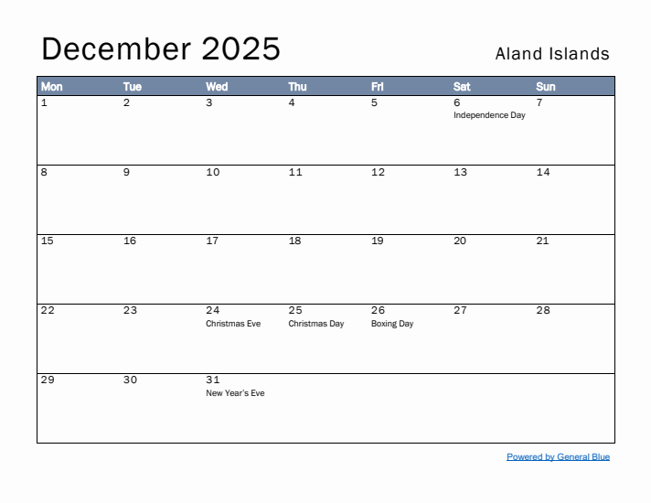 December 2025 Simple Monthly Calendar for Aland Islands