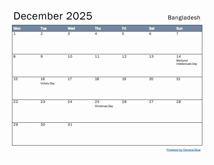 December 2025 Simple Monthly Calendar for Bangladesh