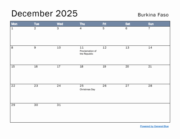 December 2025 Simple Monthly Calendar for Burkina Faso