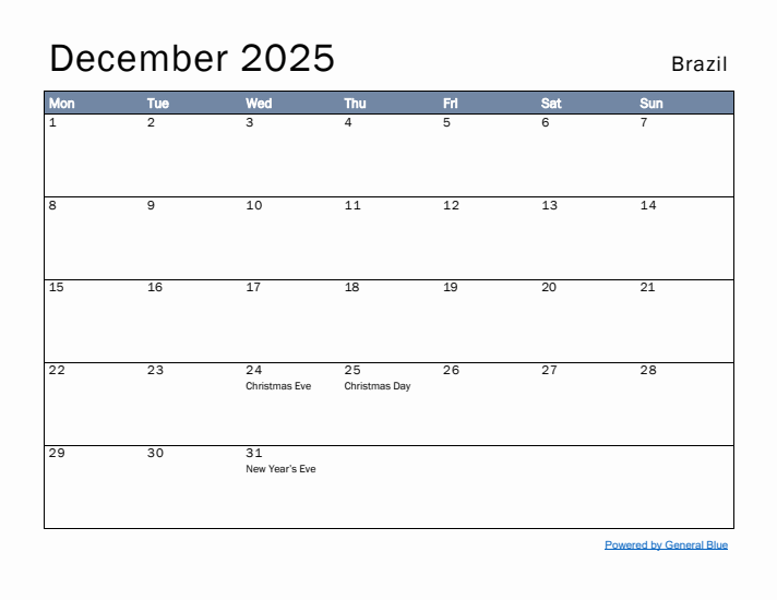 December 2025 Simple Monthly Calendar for Brazil