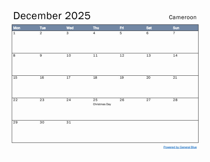 December 2025 Simple Monthly Calendar for Cameroon