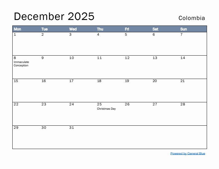 December 2025 Simple Monthly Calendar for Colombia