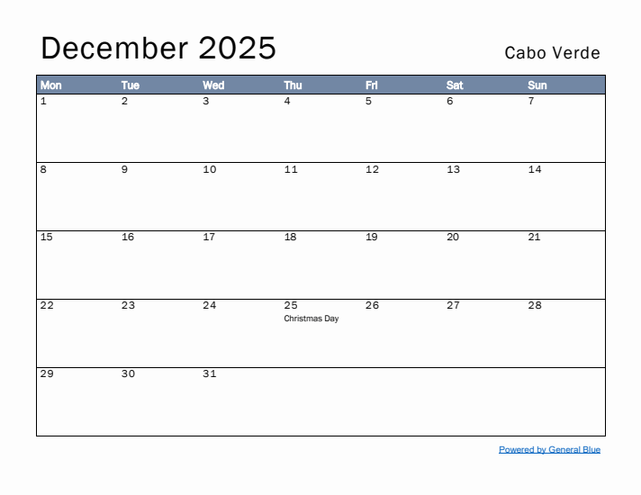 December 2025 Simple Monthly Calendar for Cabo Verde