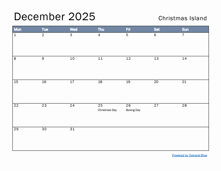 December 2025 Simple Monthly Calendar for Christmas Island