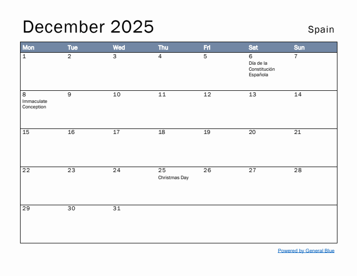 December 2025 Simple Monthly Calendar for Spain