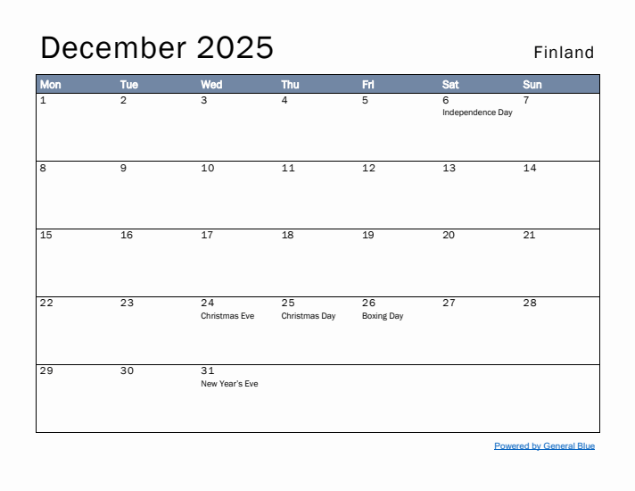 December 2025 Simple Monthly Calendar for Finland